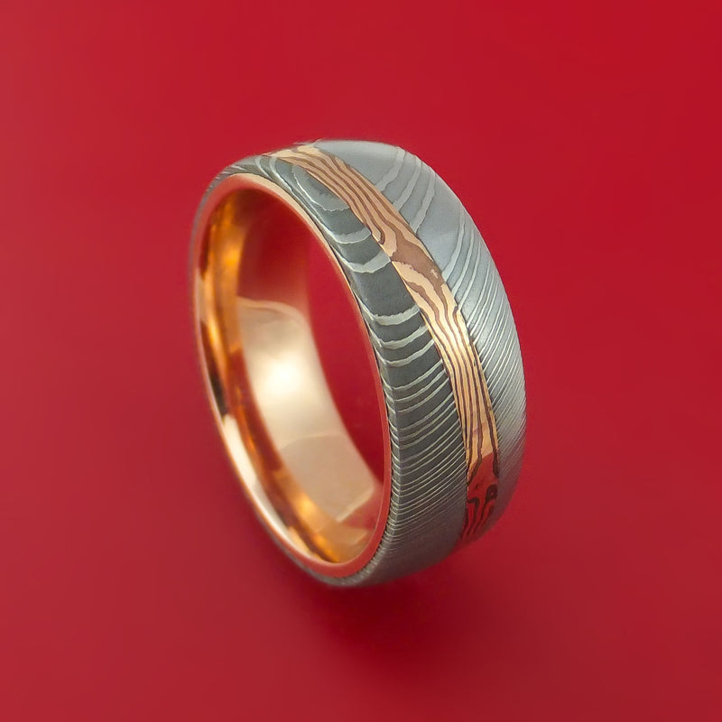 Damascus Steel Ring with Diagonal Rose Gold Mokume Shakudo Inlay and Gold Sleeve Custom Made