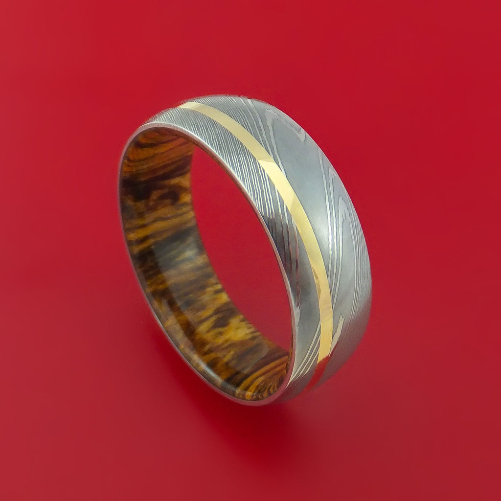 Damascus Steel Ring with 14k Yellow Gold Inlay and Interior Hardwood Sleeve Custom Made Band