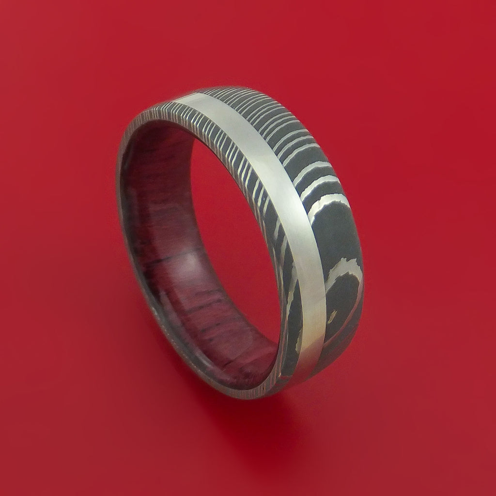 Damascus Steel Ring with Platinum Inlay and Interior Hardwood Sleeve Custom Made Band