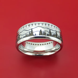 Cobalt Chrome Eternity Lab Diamond Ring with Pine Trees and Mountain Design