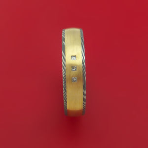 Damascus Steel and 14k Yellow Gold Ring with Diamonds Custom Made Band