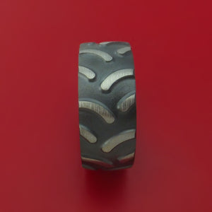Black Zirconium Ring with Tractor Tire Tread Pattern Inlay Custom Made Band