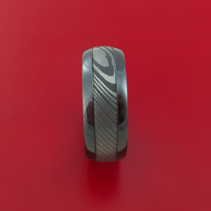 Black Zirconium Ring with Damascus Steel Inlay and Interior Cerakote Sleeve Custom Made Band
