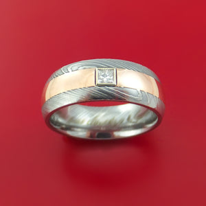 Damascus Steel and Rose Gold Band with Diamond Custom Made Ring