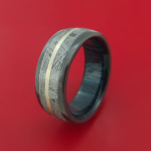 Black Zirconium Ring with Gibeon Meteorite and 14k White Gold Inlays and Interior Hardwood Sleeve Custom Made Band