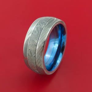 Damascus Steel Ring with Gibeon Meteorite Inlay and Interior Anodized Titanium Sleeve Custom Made Band