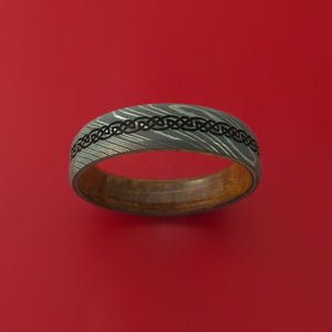 Damascus Steel Ring with Cross Etched Celtic Design Inlay and Interior Hardwood Sleeve Custom Made Band