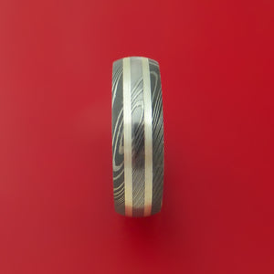 Damascus Steel Ring with Sterling Silver Inlay and Interior Anodized Titanium Sleeve Custom Made Band