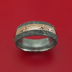 Hammered Damascus Steel Ring with 14k Rose Gold Mokume Shakudo Inlay Custom Made Band