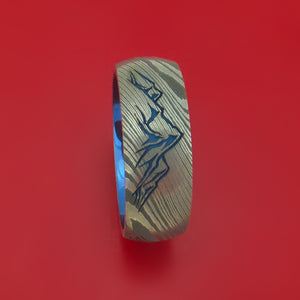 Damascus Steel Ring with Laser-Etched Mountain Pattern and Cerakote Inlays and Interior Anodized Titanium Sleeve Custom Made Band