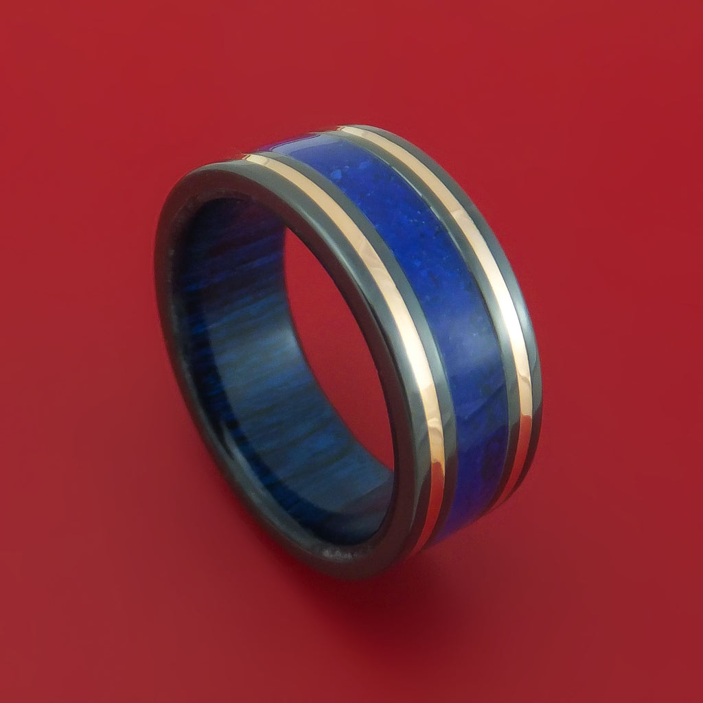 Black Zirconium Ring with Lapis and 14k Rose Gold Inlays and Interior Hardwood Sleeve Custom Made Band