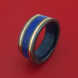 Black Zirconium Ring with Lapis and 14k Rose Gold Inlays and Interior Hardwood Sleeve Custom Made Band