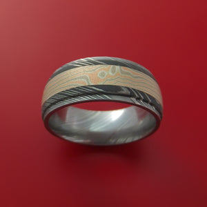Damascus Steel Ring with 14k Rose Gold and White Gold with Silver Mokume Gane Inlay Custom Made Band