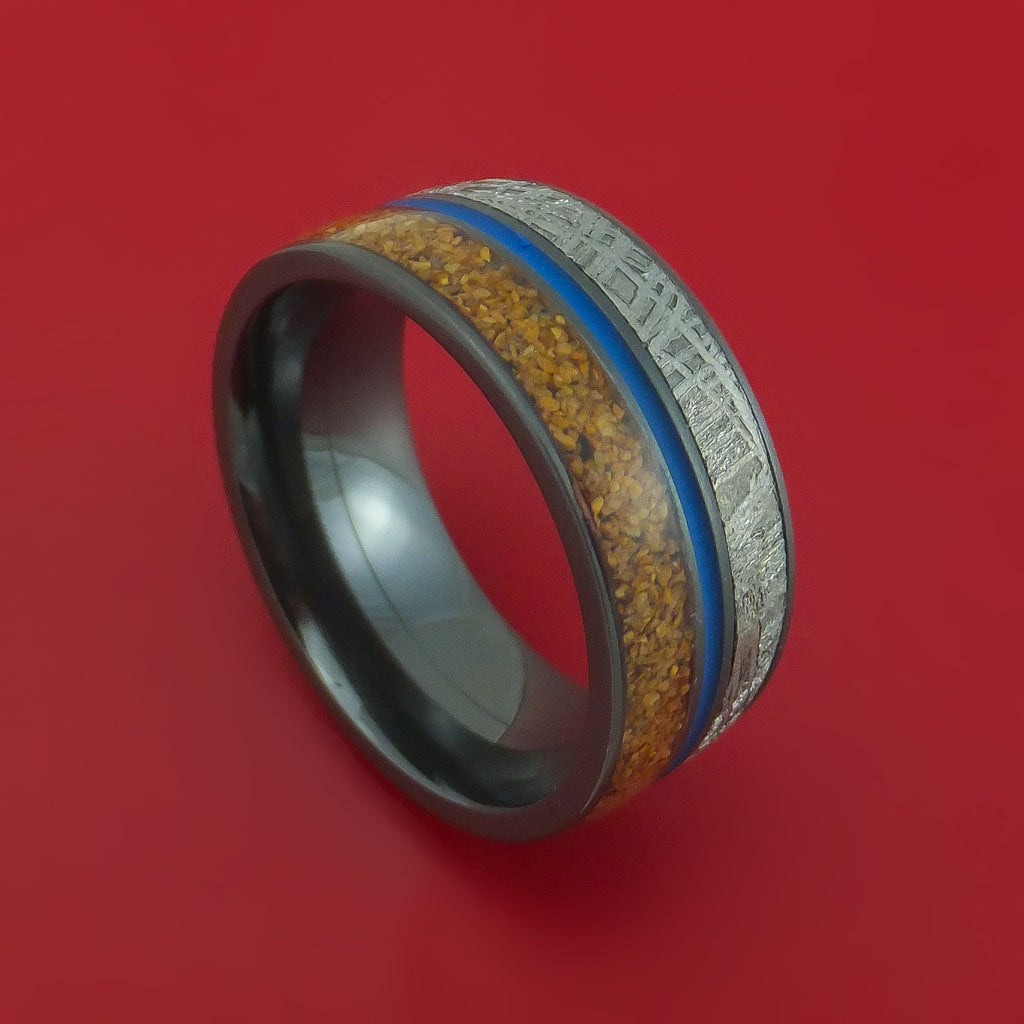 Black Zirconium Ring with Dinosaur Bone Gibeon Meteorite and Cerakote Inlays Custom Made Band