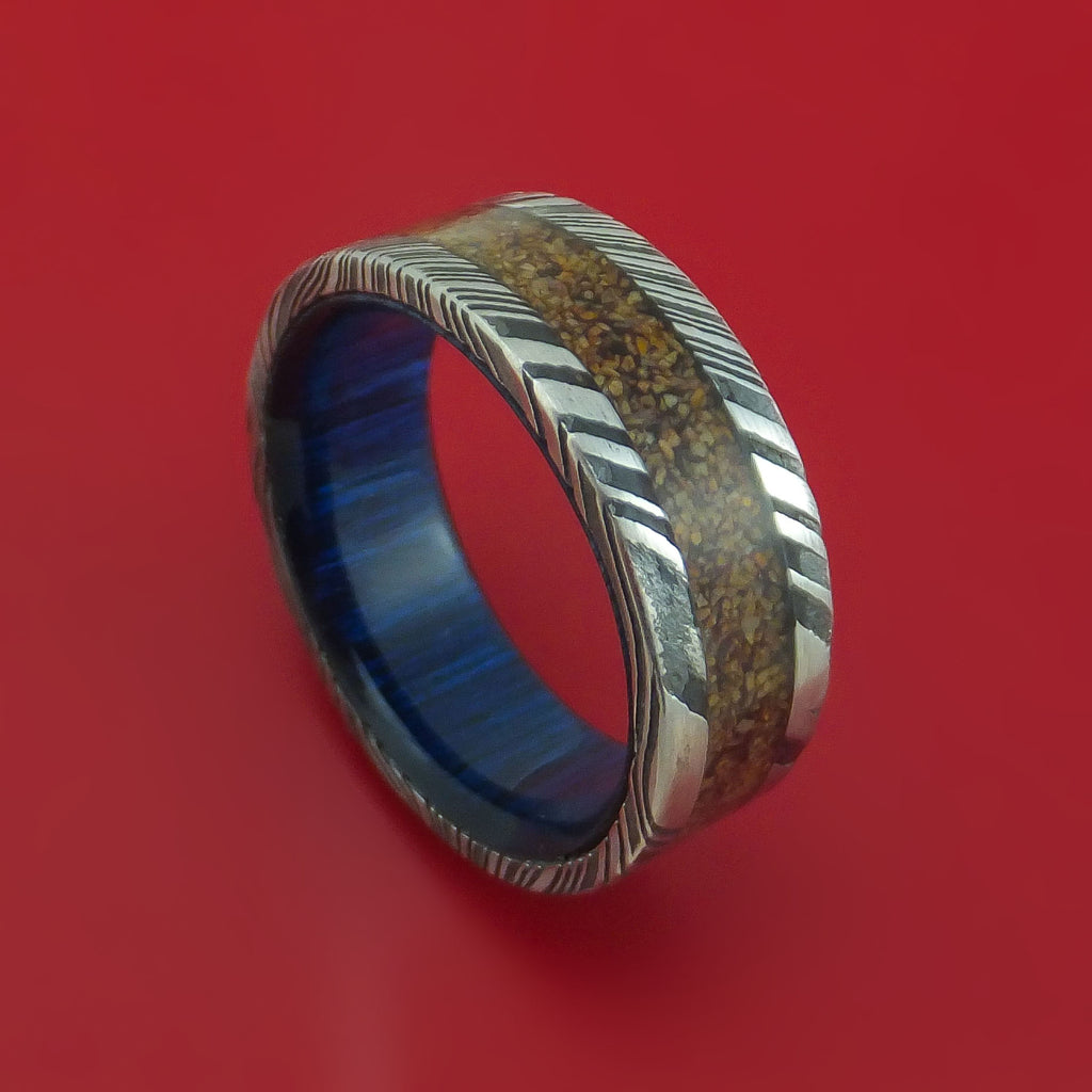 Kuro Damascus Steel Ring with Dinosaur Bone Inlay and Interior Hardwood Sleeve Custom Made Band