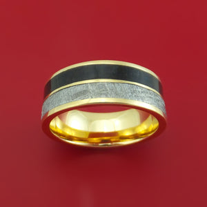 14k Yellow Gold Ring with Dinosaur Bone and Gibeon Meteorite Inlays Custom Made Band