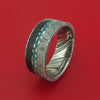 Kuro Damascus Steel Ring with Dinosaur Bone Gibeon Meteorite and Turquoise Inlays Custom Made Band