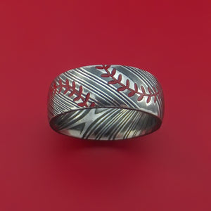 Kuro Damascus Steel Ring with Baseball Dual Stitching and Cerakote Inlays Custom Made Band