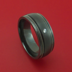 Black Zirconium and Diamond Ring with Guitar String Inlays Custom Made Band