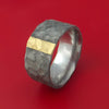 Wide Hammered Damascus Steel Ring with 14k Yellow Gold Inlay Custom Made Band