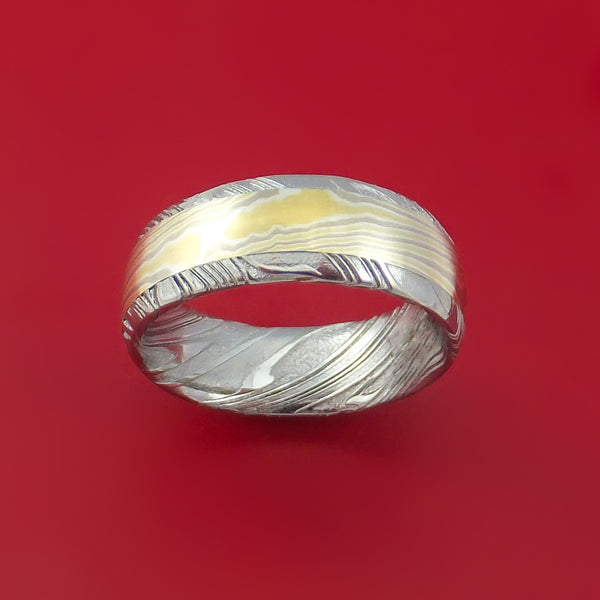 Kuro Damascus Steel Ring with 18k Yellow Gold 14k White Gold and