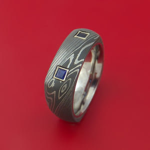 Damascus Steel Square Ring with Titanium Sleeve and Sapphires Custom Made Band