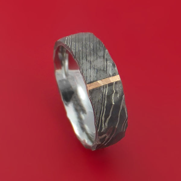 Damascus Flat Ring with Double 14K Rose Gold Rails and Dark Fire Oxide | Star