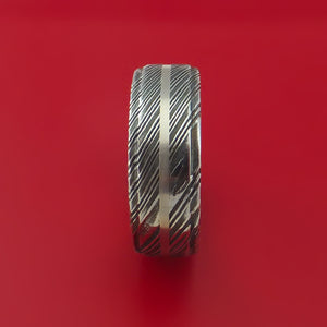 Kuro Damascus Steel 14K Rose Gold Ring with Platinum Inlay Wedding Band Custom Made