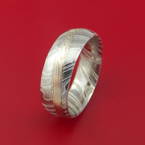 Kuro Damascus Steel Ring with Palladium and Sterling Silver Mokume Gane Inlay Custom Made Band