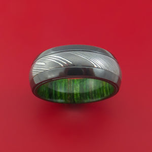 Damascus Steel Ring with  Inlay and Interior Hardwood Sleeve Custom Made Band