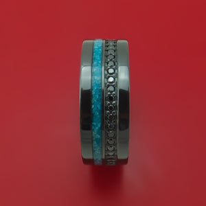 Black Zirconium Ring with Turquoise Inlay and Black Diamonds Custom Made Band