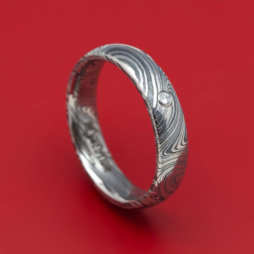 Marble Kuro Damascus Steel Ring with Round Diamond Custom Made