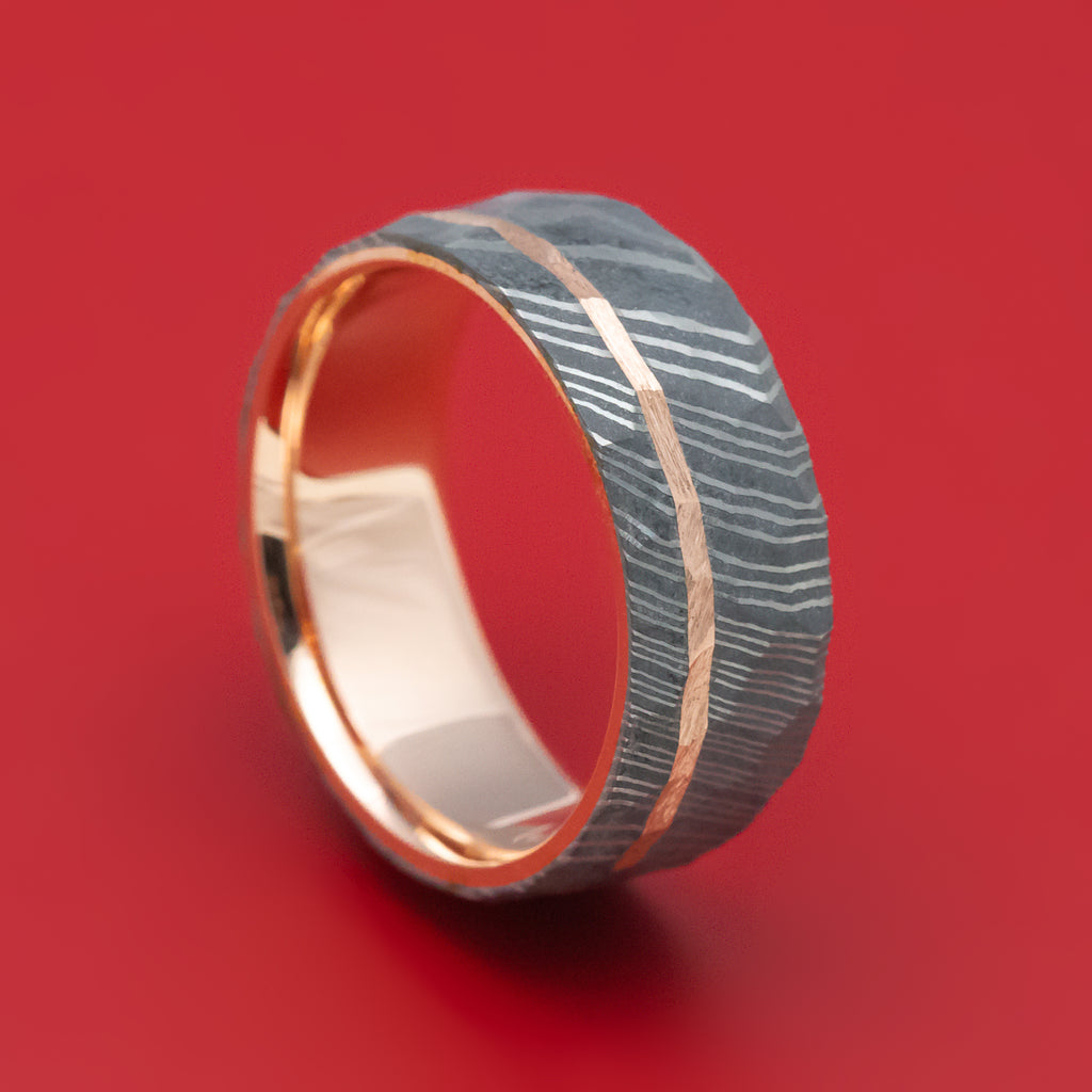 Damascus Steel 14K Gold Sleeve and Inlay Ring with Rock Hammer Finish