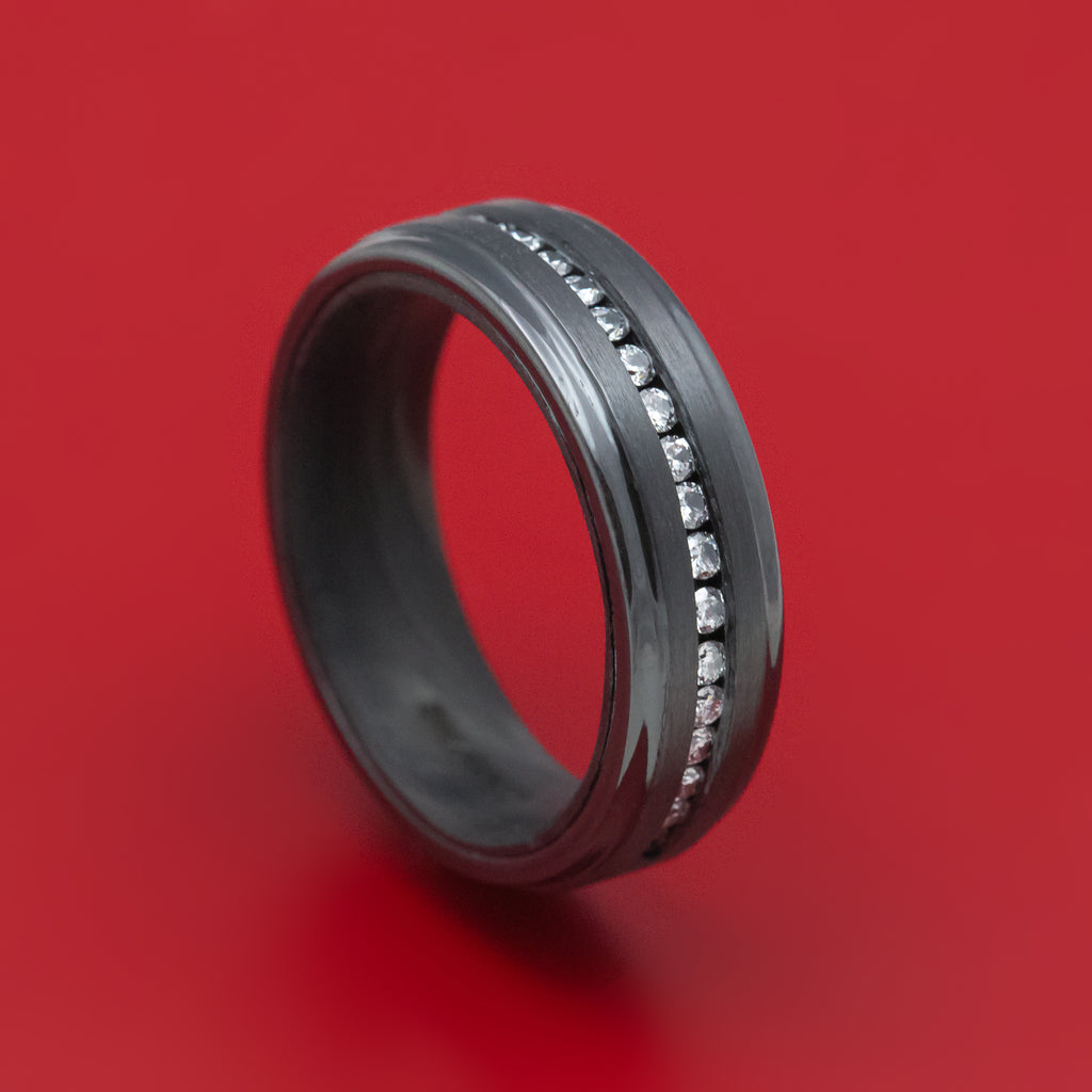 Black Zirconium and Diamond Ring with Forged Carbon Fiber Sleeve Custom Made