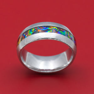 Damascus Steel and Dichrolam Inlay Ring Custom Made Band