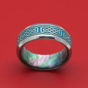 Tantalum Ring with Celtic Knot Cerakote Inlay and Black Mother of Pearl Sleeve Custom Made Band