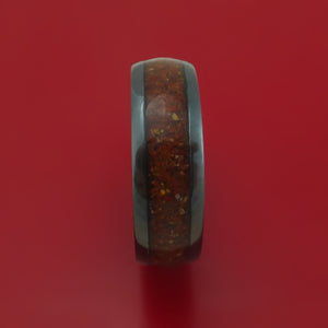 Black Zirconium Ring with Red Dinosaur Bone and Tan Dinosaur Bone Mixed Mosaic Inlay Custom Made Band
