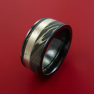 Wide Black Zirconium Ring with Damascus Steel and Palladium and Sterling Silver Mokume Gane Inlays Custom Made Band