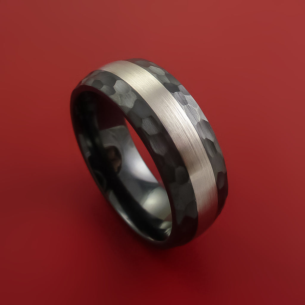 Hammered Black Zirconium Ring with Platinum Inlay Custom Made Band