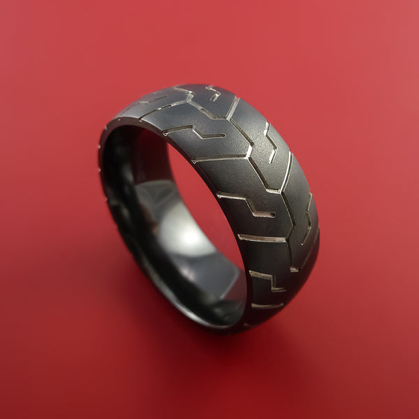 rubber tire tread ring Black Zirconium Ring with Motorcycle Tire Tread Pattern Inlay Custom Made Band