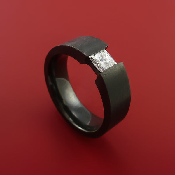 Black Zirconium Ring Tension Setting Band with Princess Cut Moissanite