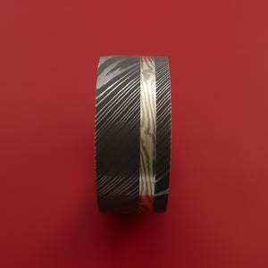 Wide Damascus Steel Ring with Palladium and Sterling Silver Mokume Gane Inlay and Interior 14k White Gold Sleeve Custom Made Band