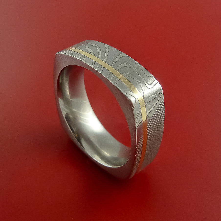 Damascus Steel Square Band Off Center 14K Yellow Gold Inlay Pattern Ring