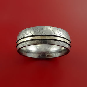 Damascus Steel Ring with 14K White Gold and Black Antiqued Groove Inlays Custom Made Band