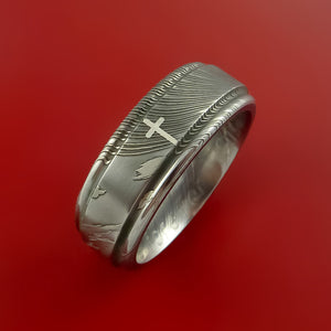 Damascus Steel Ring with Platinum Cross Inlay Custom Made Band