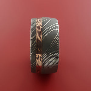 Wide Damascus Steel Ring with 14k Rose Gold Mokume Shakudo Inlay Custom Made Band