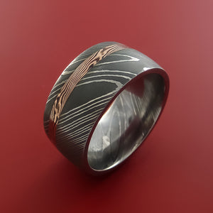 Wide Damascus Steel Ring with 14k Rose Gold Mokume Shakudo Inlay Custom Made Band