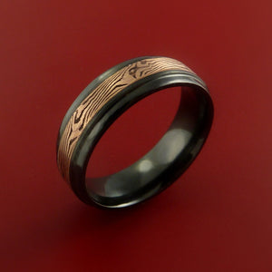 Black Zirconium Ring with 14k Rose Gold Mokume Shakudo Inlay Custom Made Band