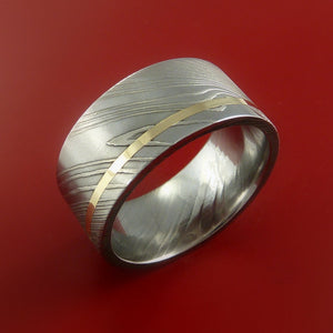 Damascus Steel 14K Yellow Gold Wide Ring Wedding Band Custom Made