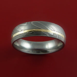 Damascus Steel Ring with 14k Yellow Gold Inlay Custom Made Band